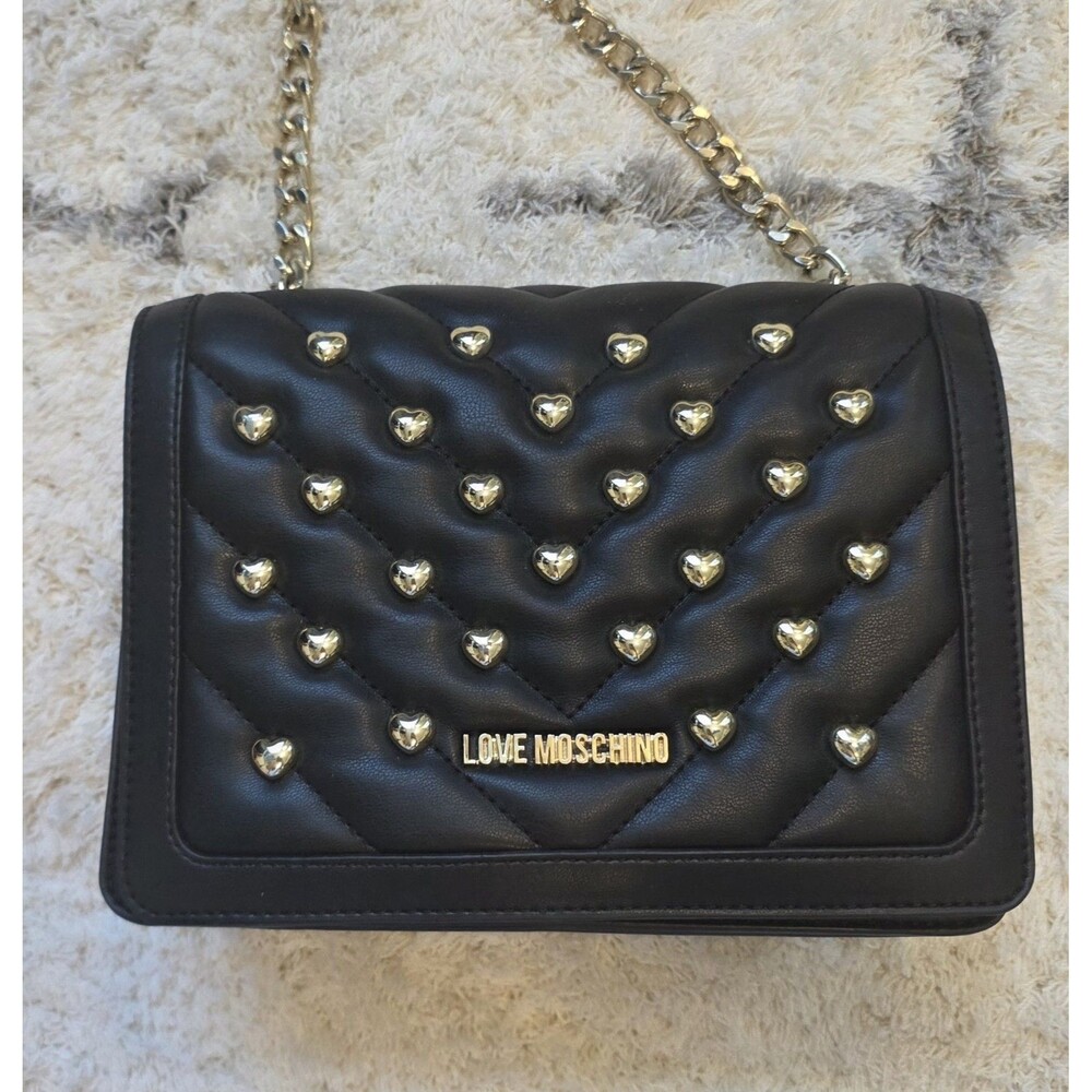 Love Moschino Black Quilted Crossbody with Gold Heart Studs